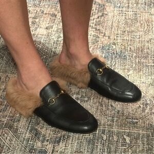 Black Fur-Lined Loafers with Gold Accents Sz 9.5